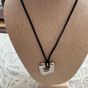 Modern Silver Sculptor Long Pendant Necklace with Black Cord